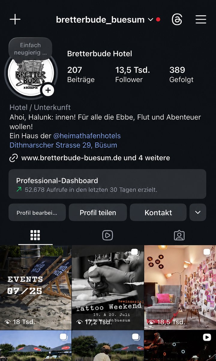 Instagram-Profil der Bretterbude vorher: 13.500 Follower